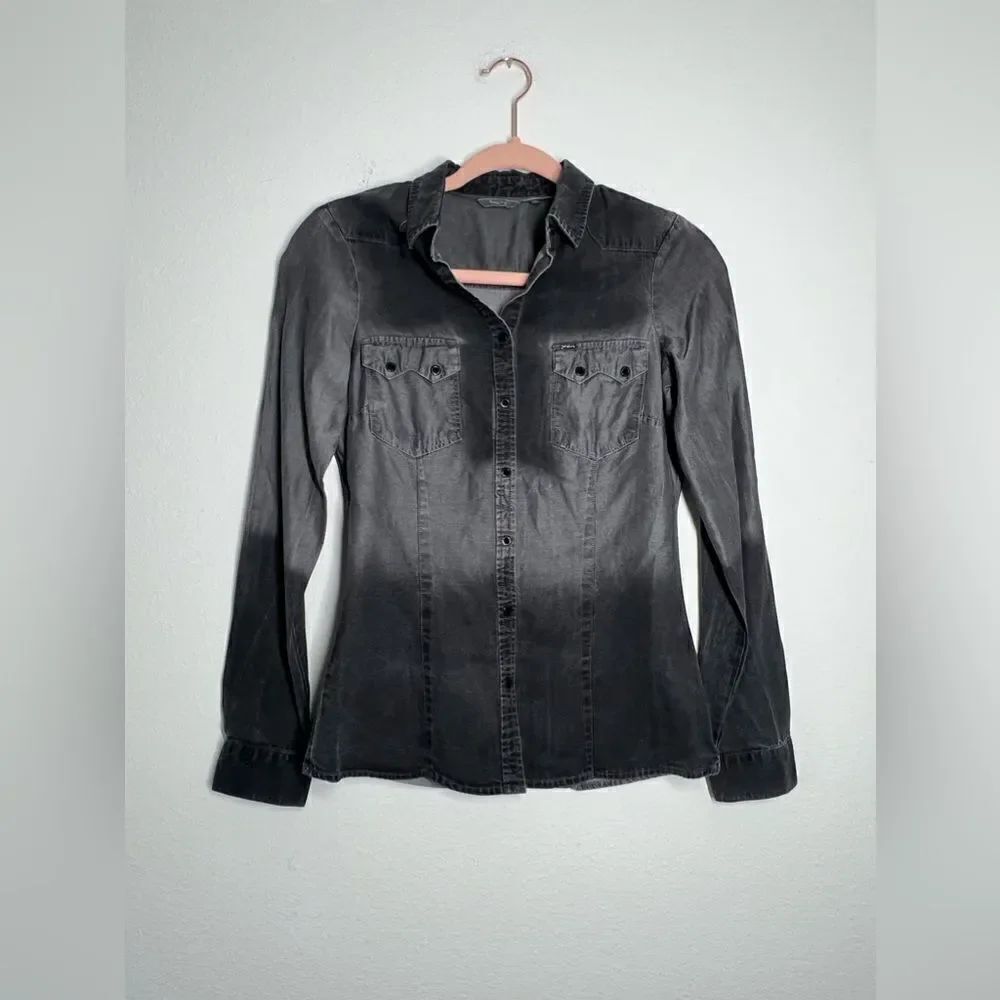 SALSA NWOT Thin Denim Shirt Black Gray Button Down Size XS Long Sleeve